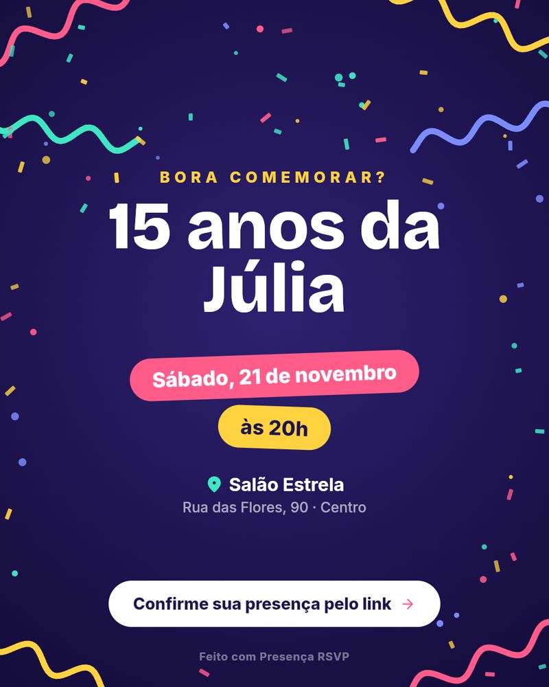 Modelo de convite de 15 anos com fundo escuro, confete e o título 15 anos da Júlia