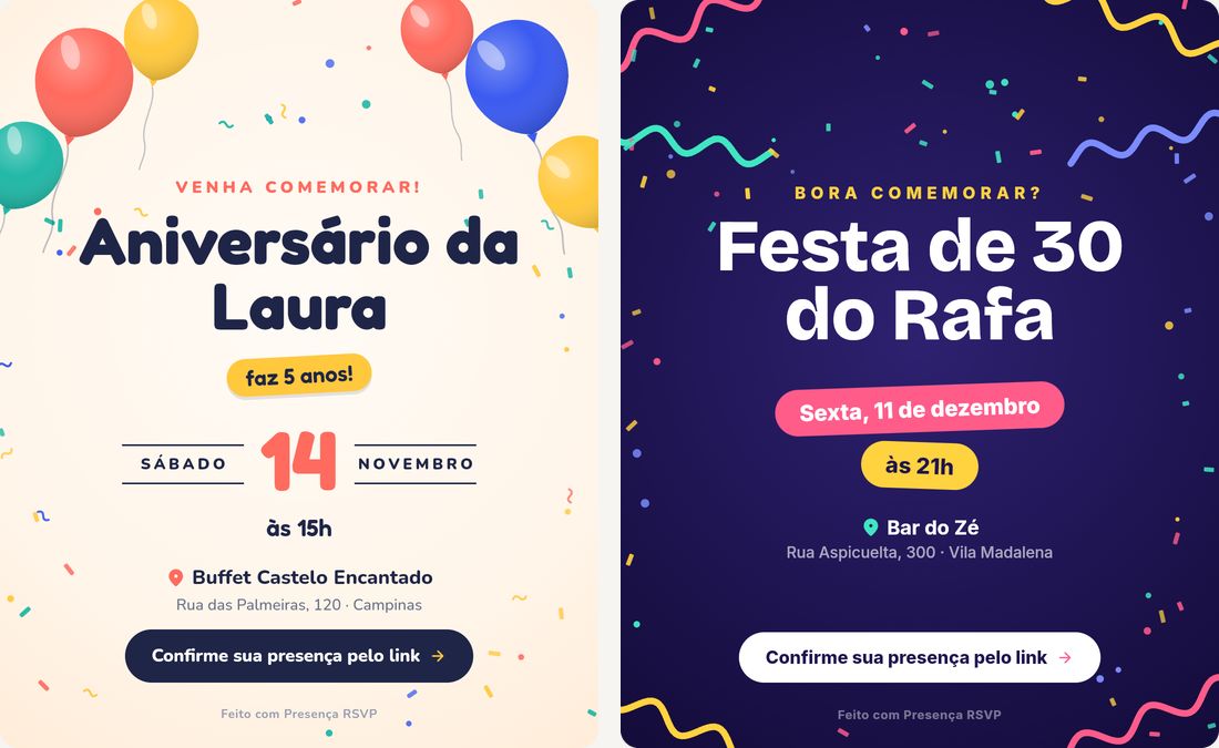Dois modelos de convite de aniversário: um infantil, com balões, e um de festa, com fundo escuro e confete