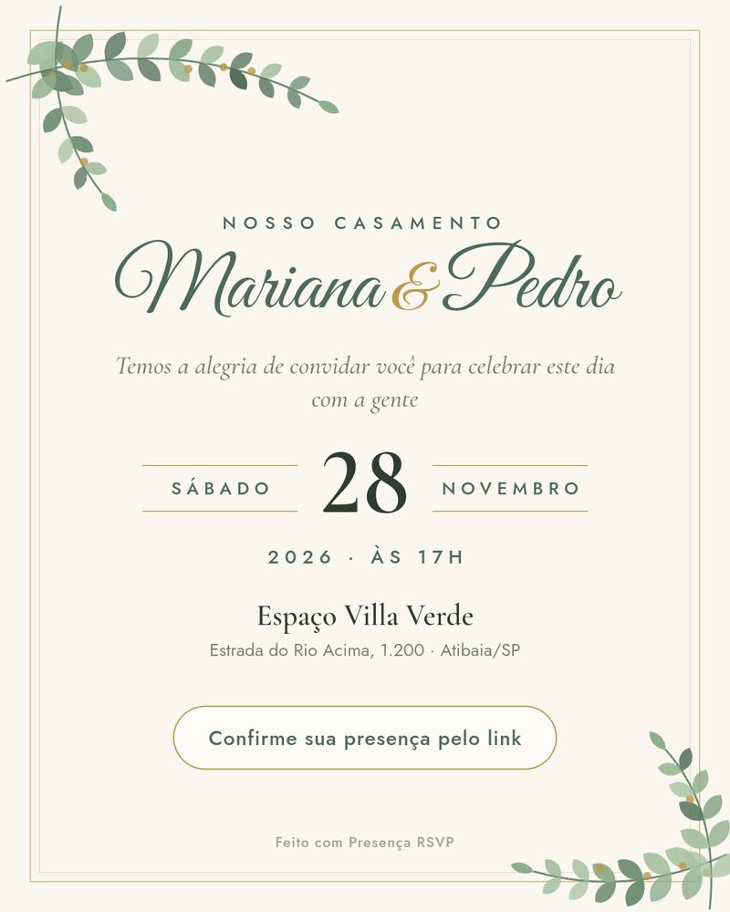 Modelo de convite de casamento com folhagens, nomes do casal em letra cursiva, data e local da cerimônia