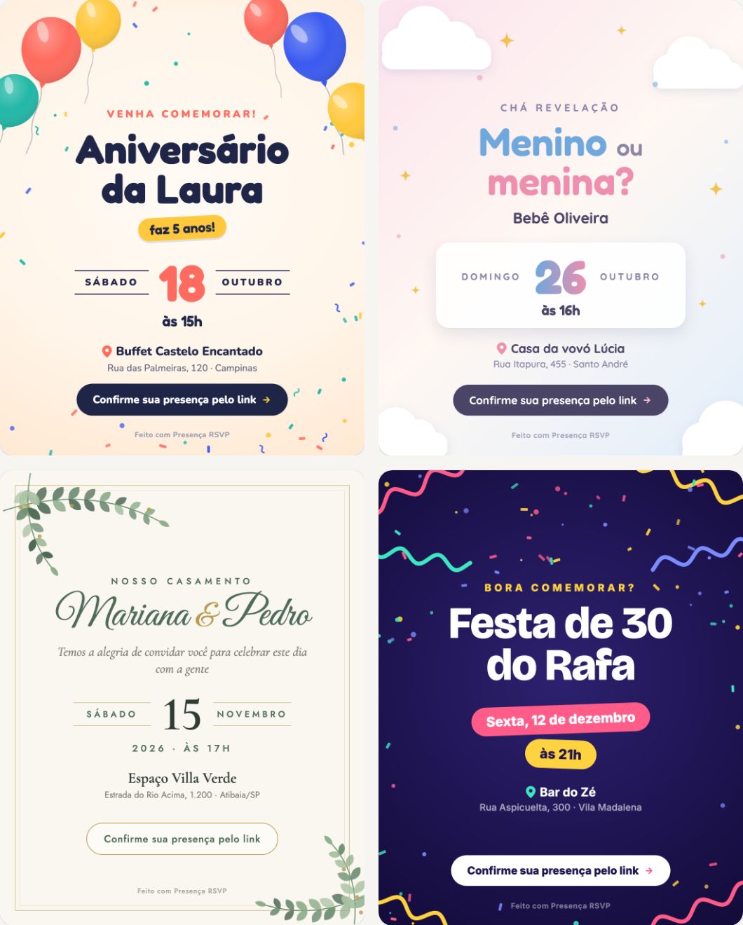 Quatro modelos de convite digital: aniversário com balões, chá de bebê com nuvens, casamento com folhagem e festa com confete